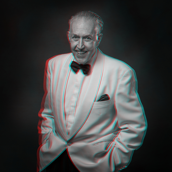 Red and cyan stereoscopic portrait of a man wearing a white dinner jacket and bow tie